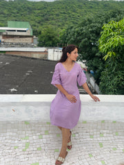 Soft levender a line dress with cut work on umbrella sleeve scallop pattern on hem sleeve