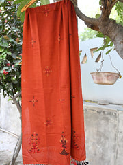 Silk wool woven stole with soof embroidery brick colour stole