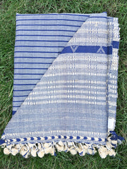 Kala cotton+ tussar blue & grey strip woven stole
