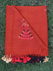 Silk wool woven stole with soof embroidery brick colour stole