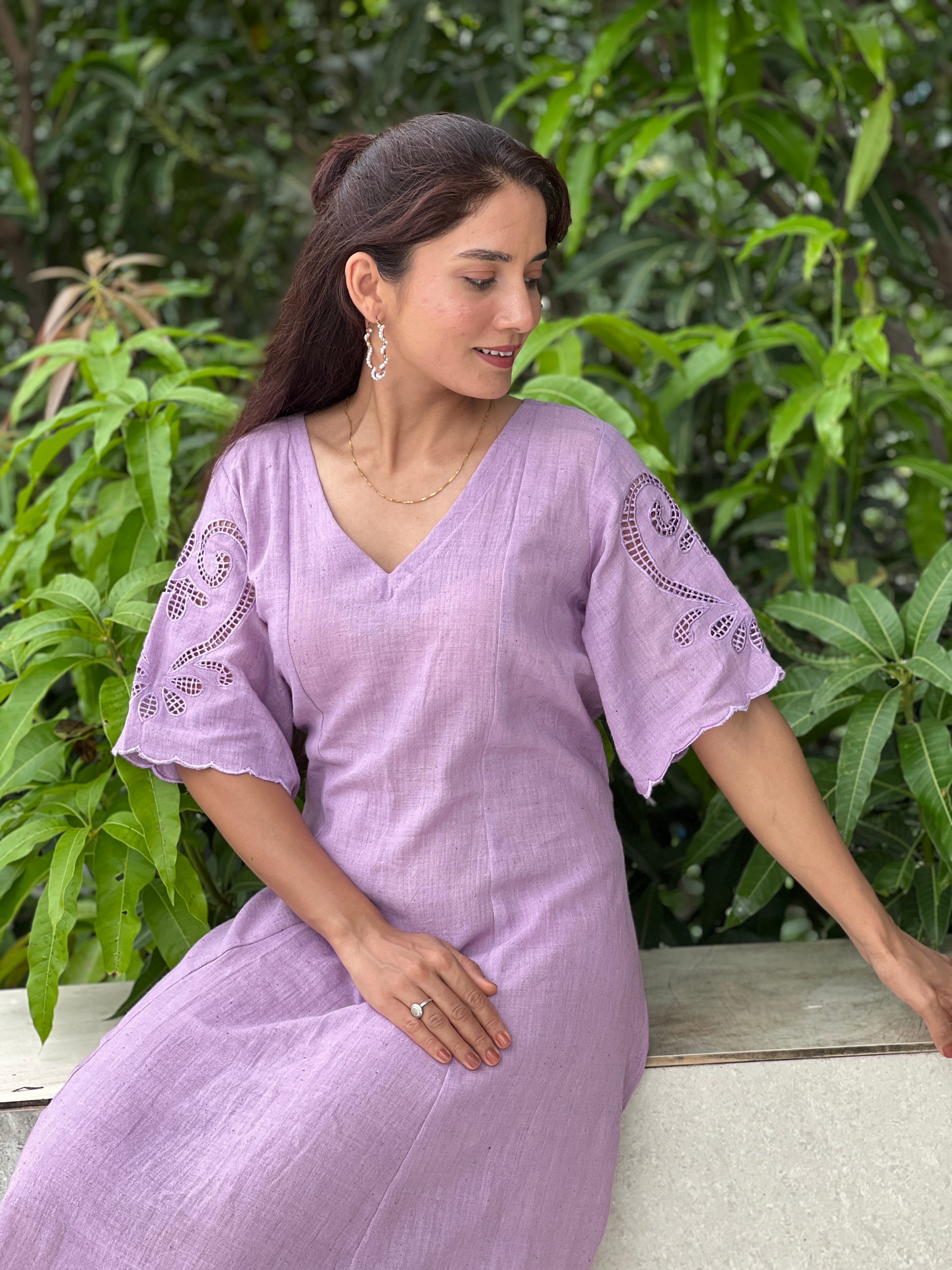Soft levender a line dress with cut work on umbrella sleeve scallop pattern on hem sleeve