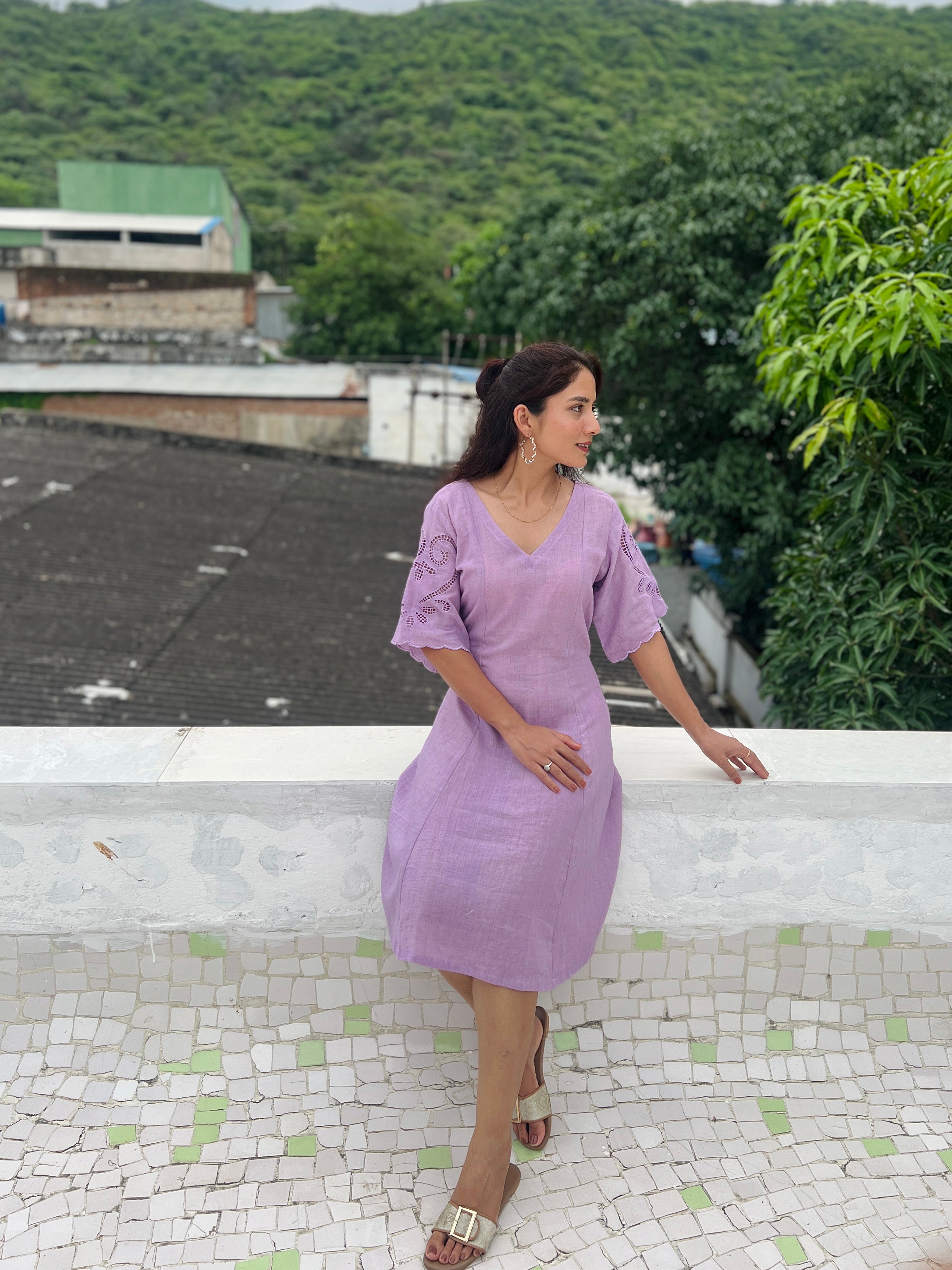 Soft levender a line dress with cut work on umbrella sleeve scallop pattern on hem sleeve