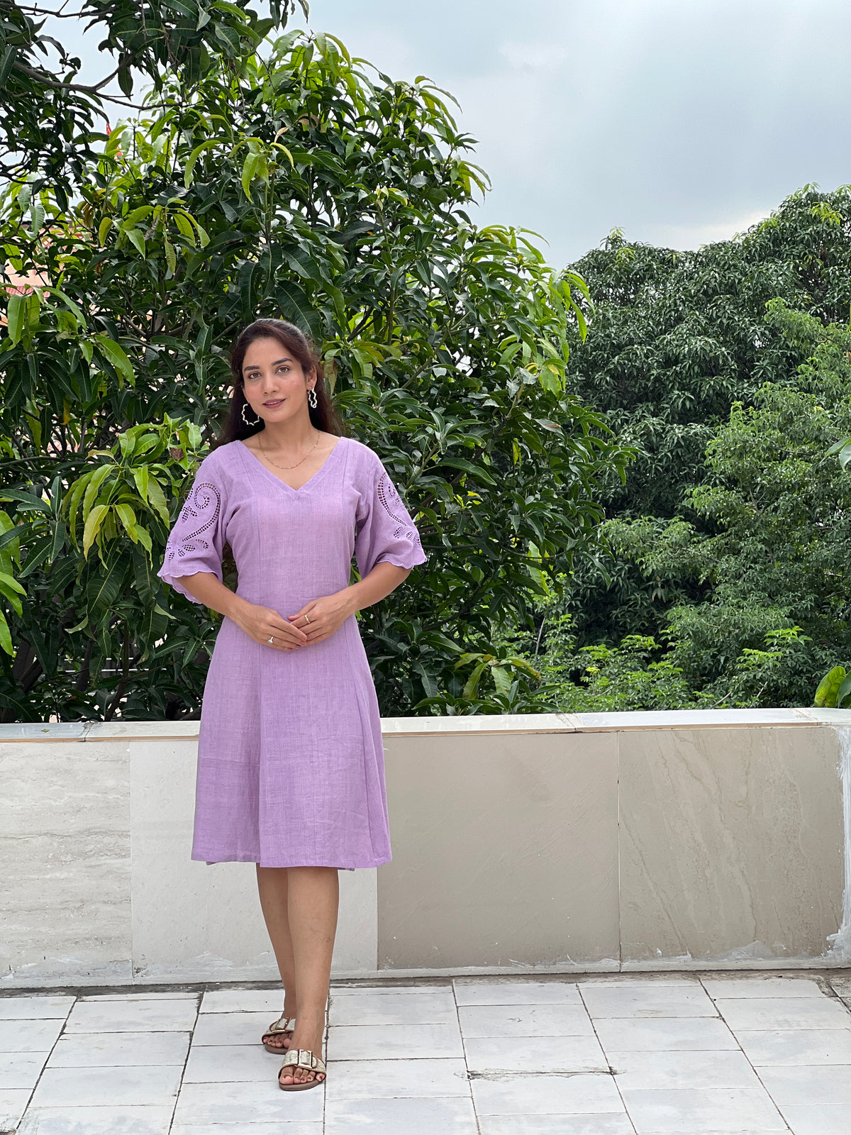 Soft levender a line dress with cut work on umbrella sleeve scallop pattern on hem sleeve