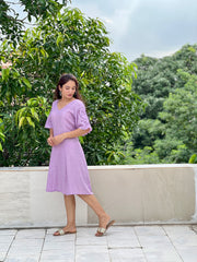 Soft levender a line dress with cut work on umbrella sleeve scallop pattern on hem sleeve