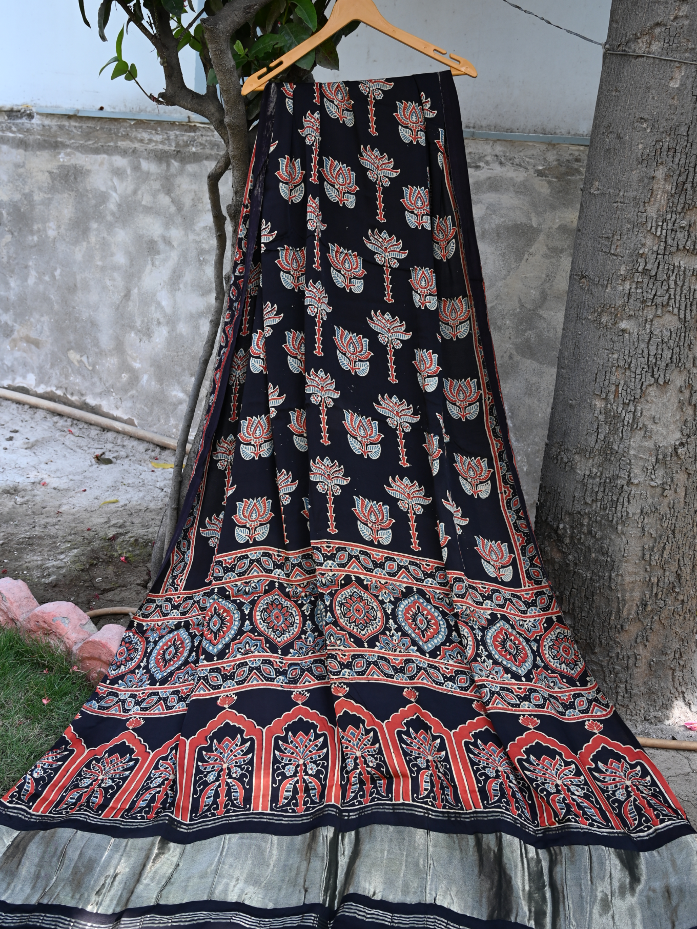 Ajrakh modal silk with zari pallu dupatta