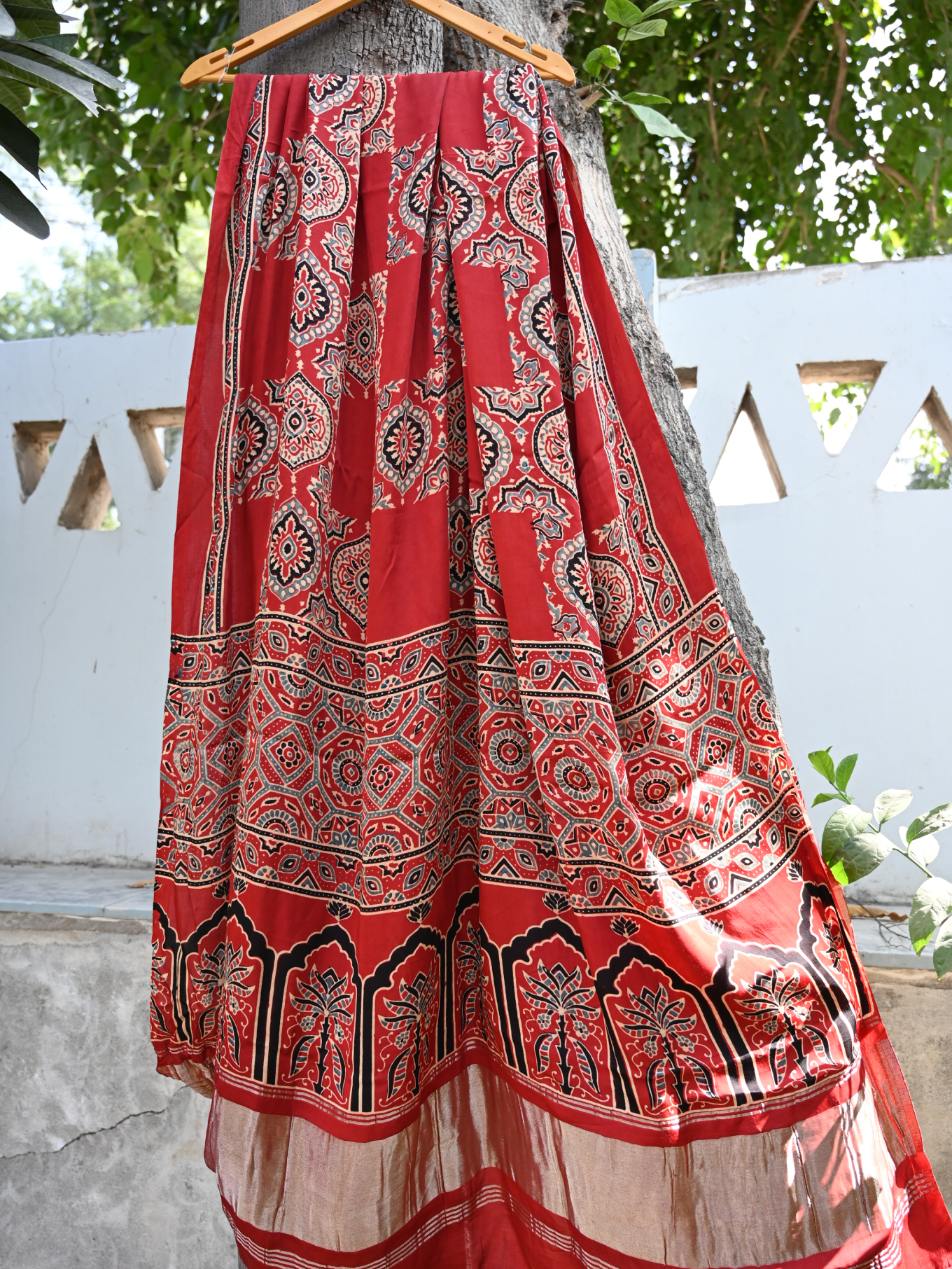 Ajrakh modal silk zari pallu dupatta red colour