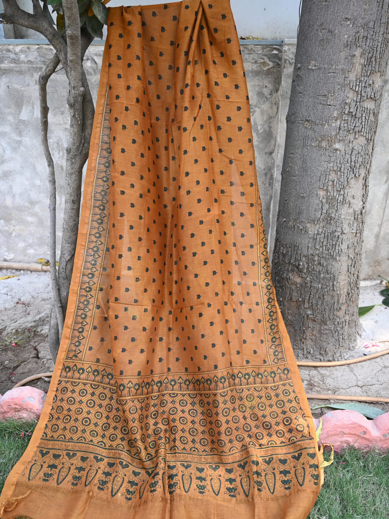 Ajrakh chanderi silk dupatta yellow colour