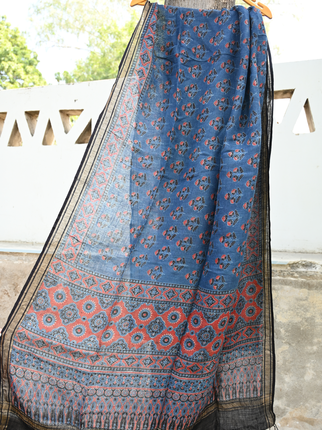 Ajrakh print linen dupatta blue colour