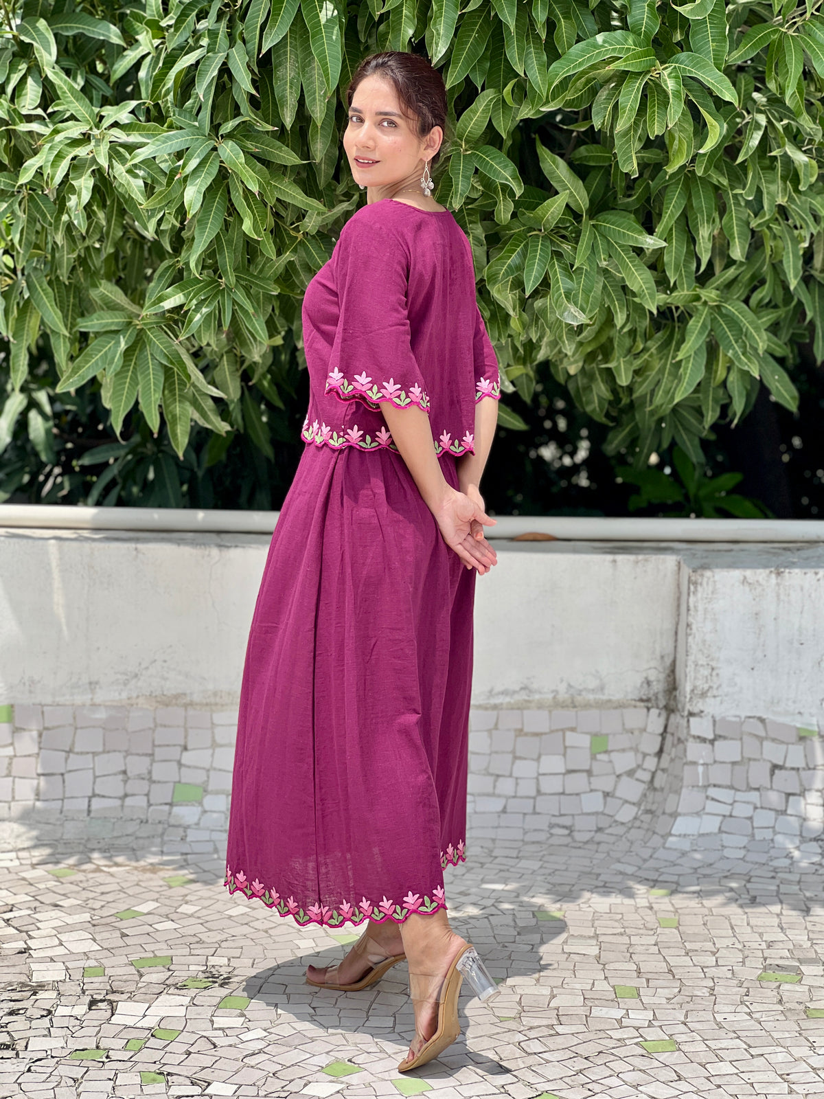 Kala cotton skirt co-ord set with kashmiri hand embroidery and scallop pattern on sleeves,top and skirt hem area