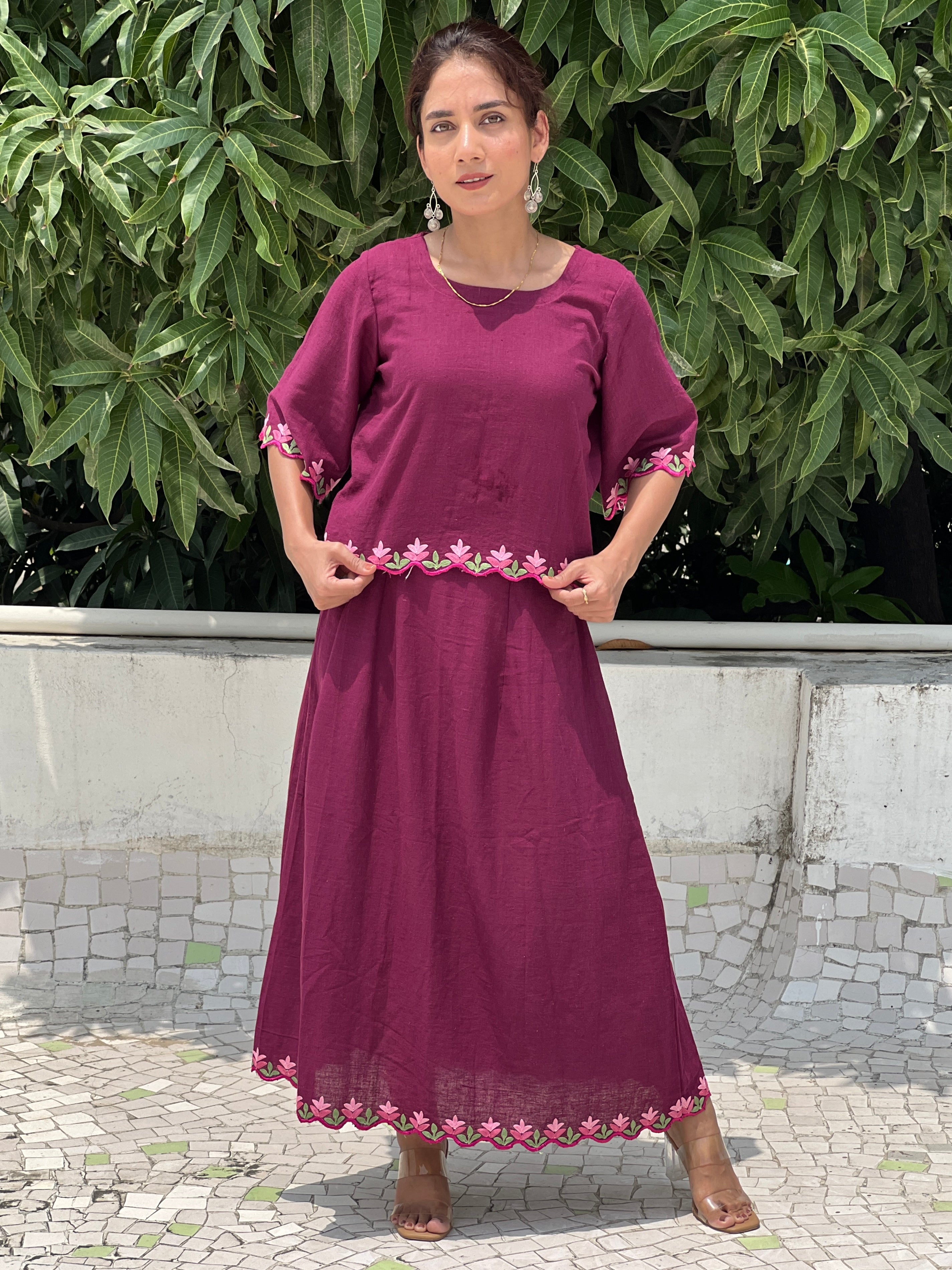 Kala cotton skirt co-ord set with kashmiri hand embroidery and scallop pattern on sleeves,top and skirt hem area