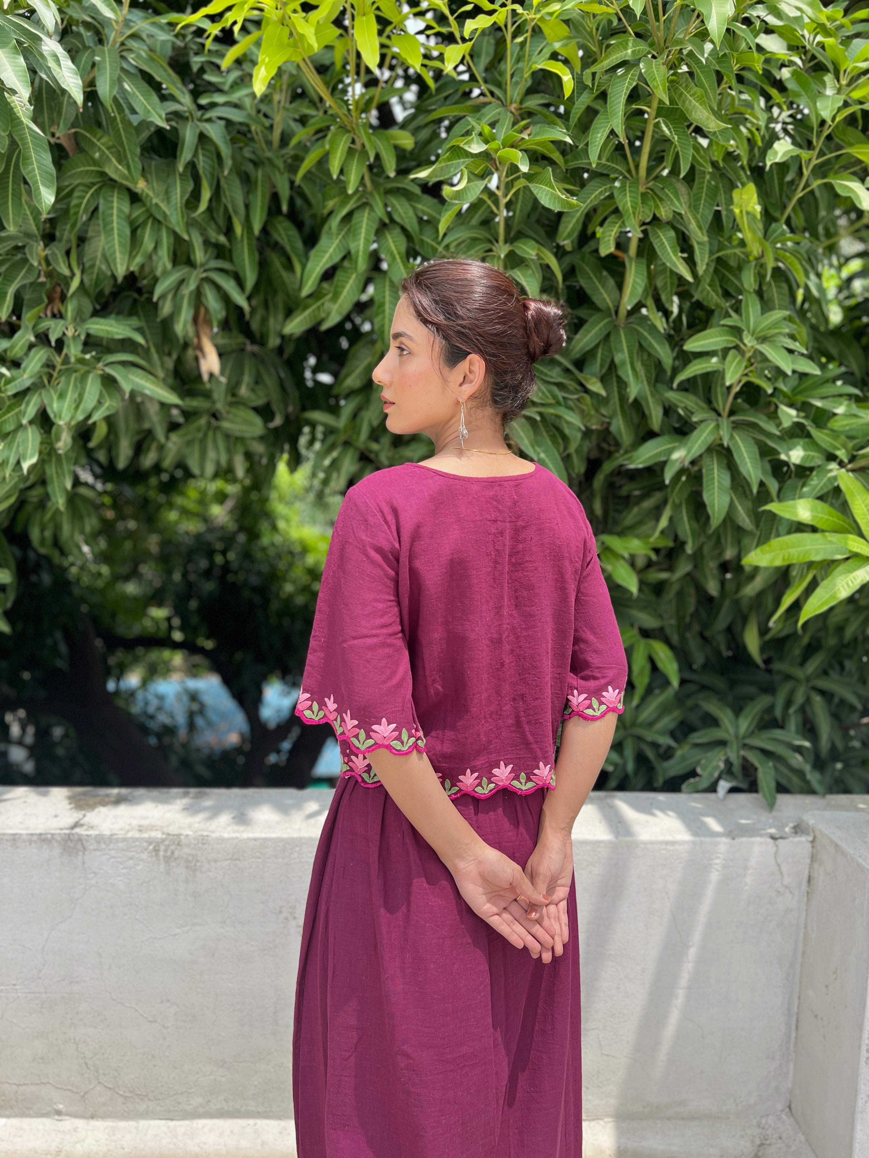Kala cotton skirt co-ord set with kashmiri hand embroidery and scallop pattern on sleeves,top and skirt hem area