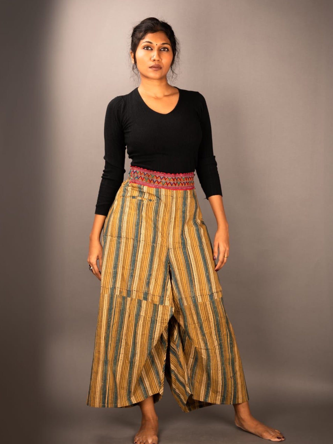 Ajrakh strip pants with embroidered belt