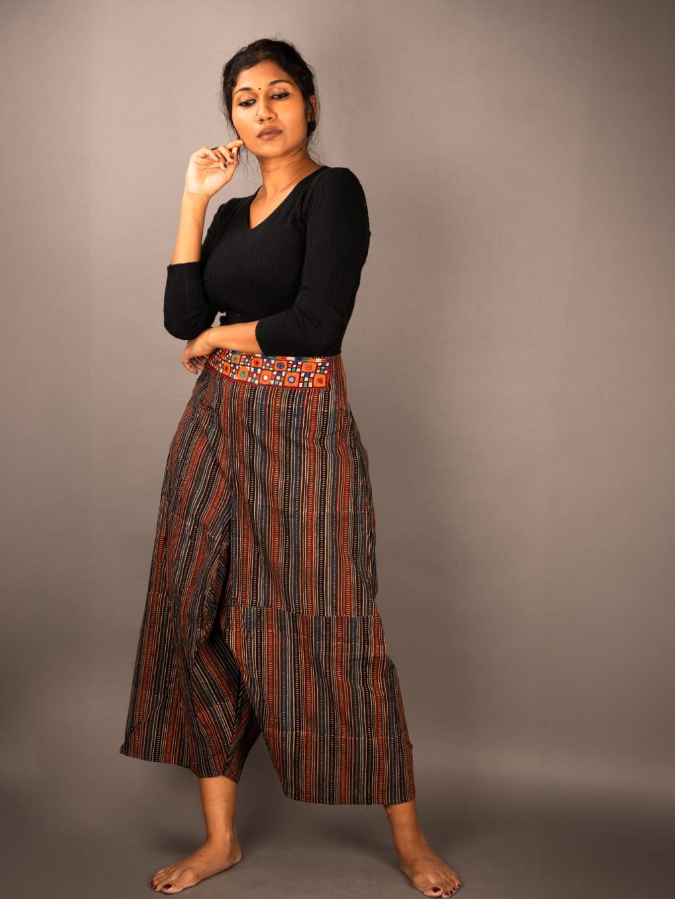 Ajrakh strip pants with embroidered belt