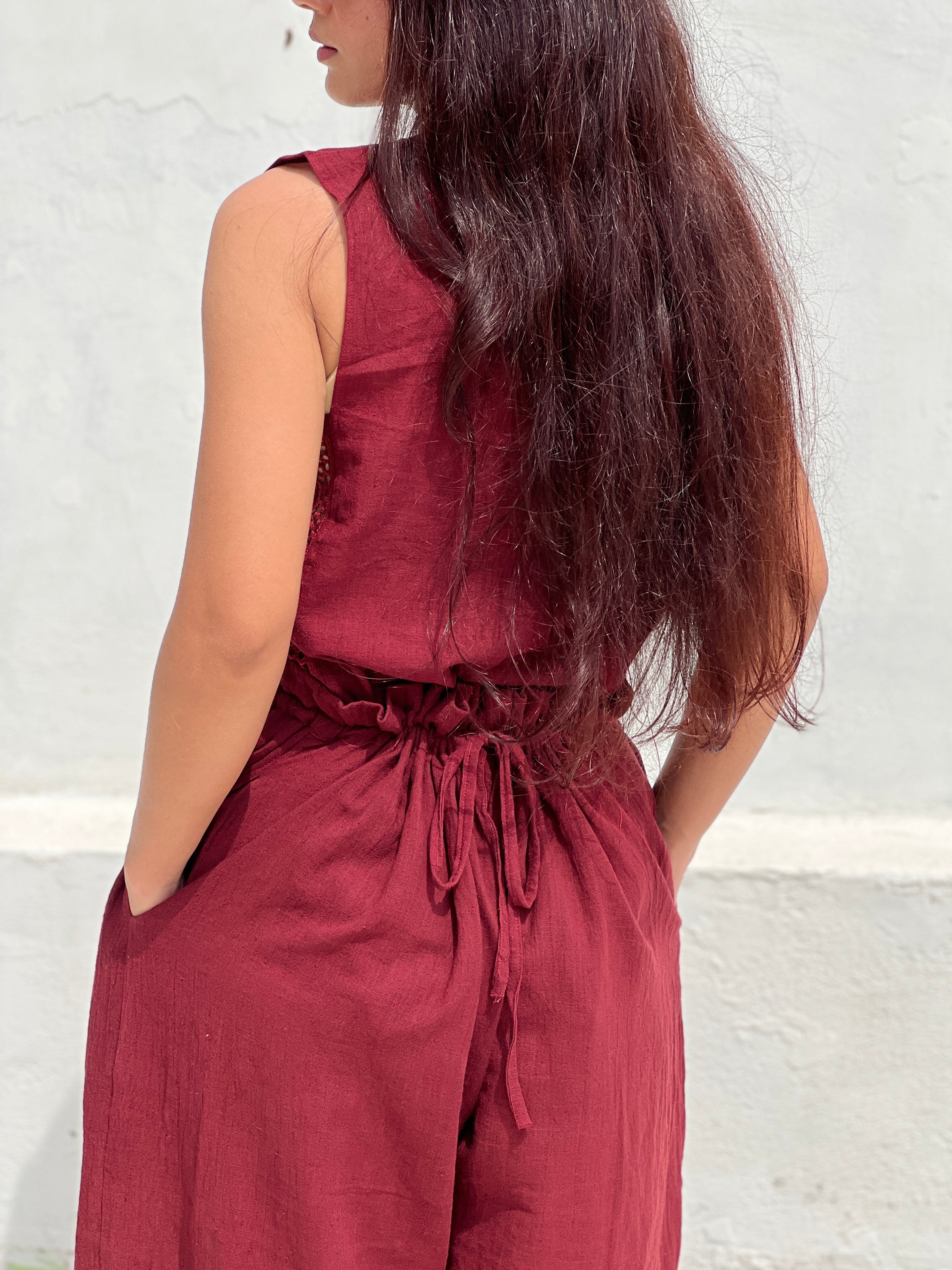 Kala cotton co-ord set bottom with back adjustable note design cutwork on both down shoulder side