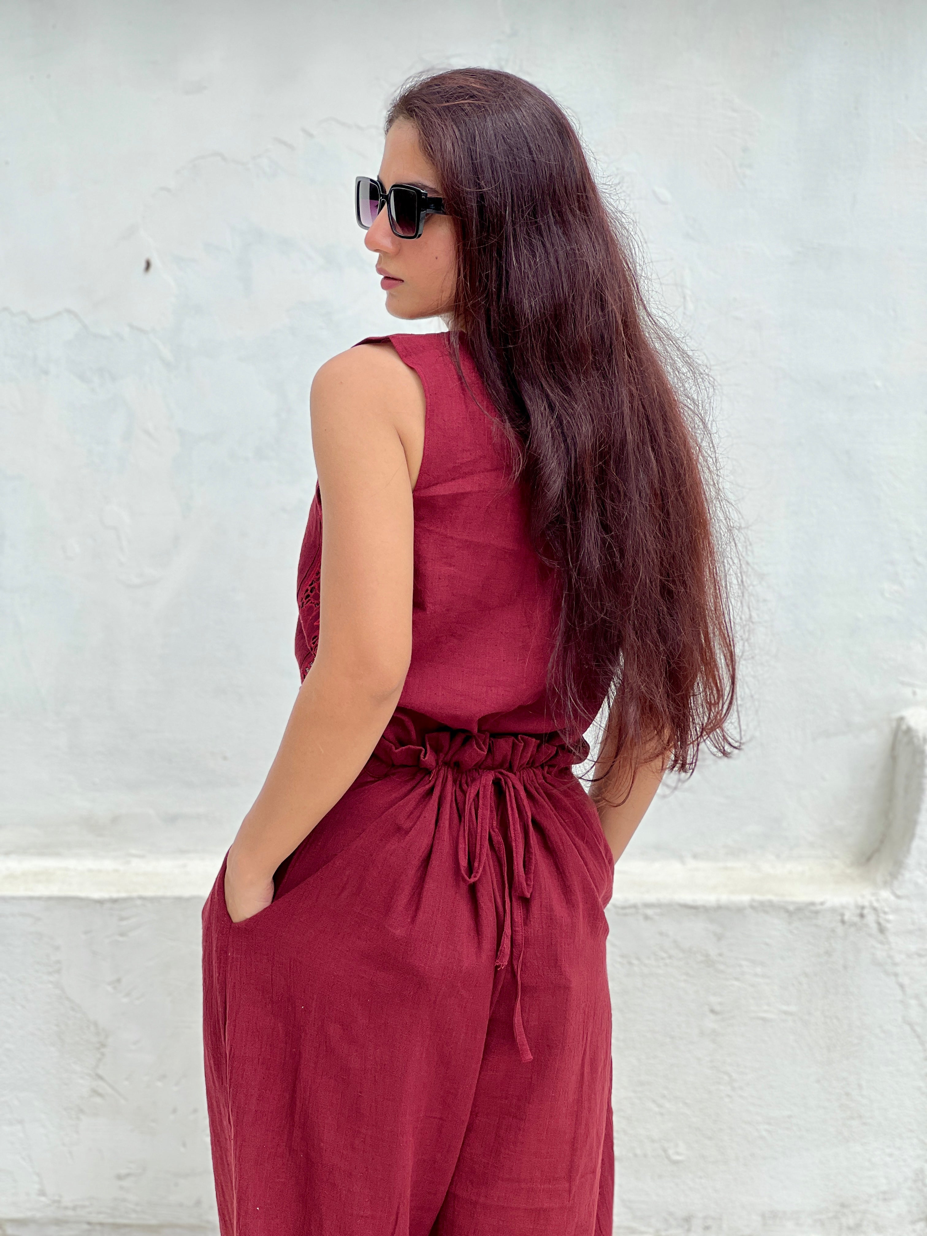 Kala cotton co-ord set bottom with back adjustable note design cutwork on both down shoulder side