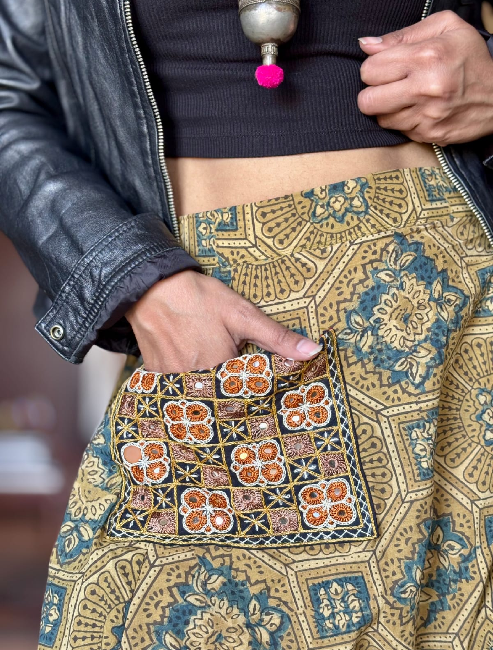 Ajrakh pant with embroidered pocket