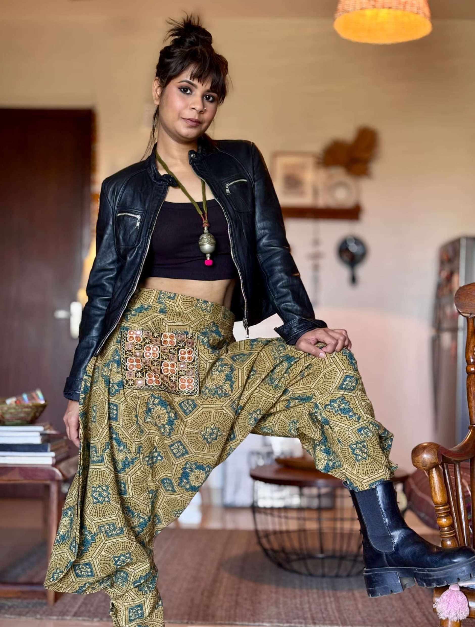 Ajrakh pant with embroidered pocket