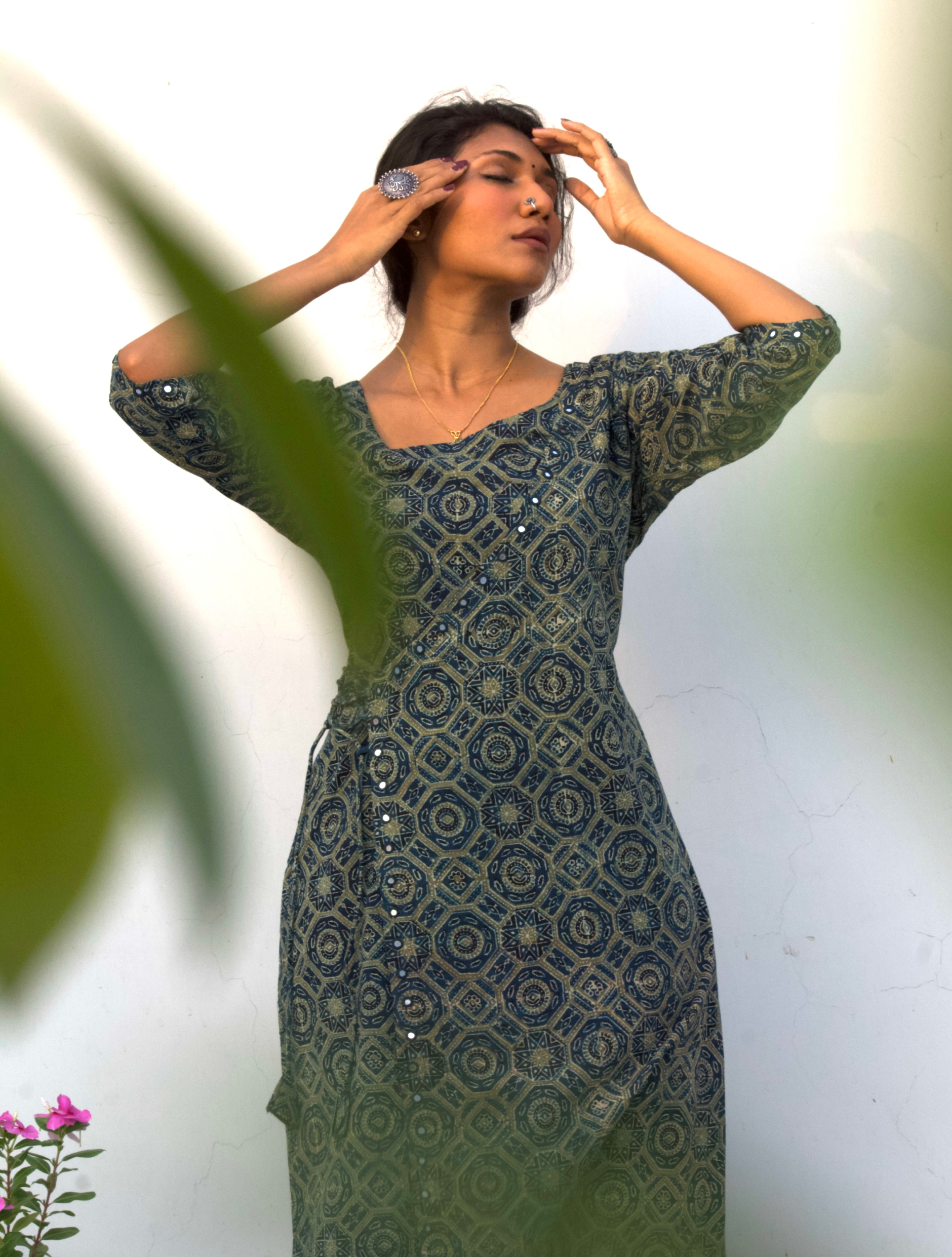 Ajrakh Angarkha Kurtis with Mirror Work