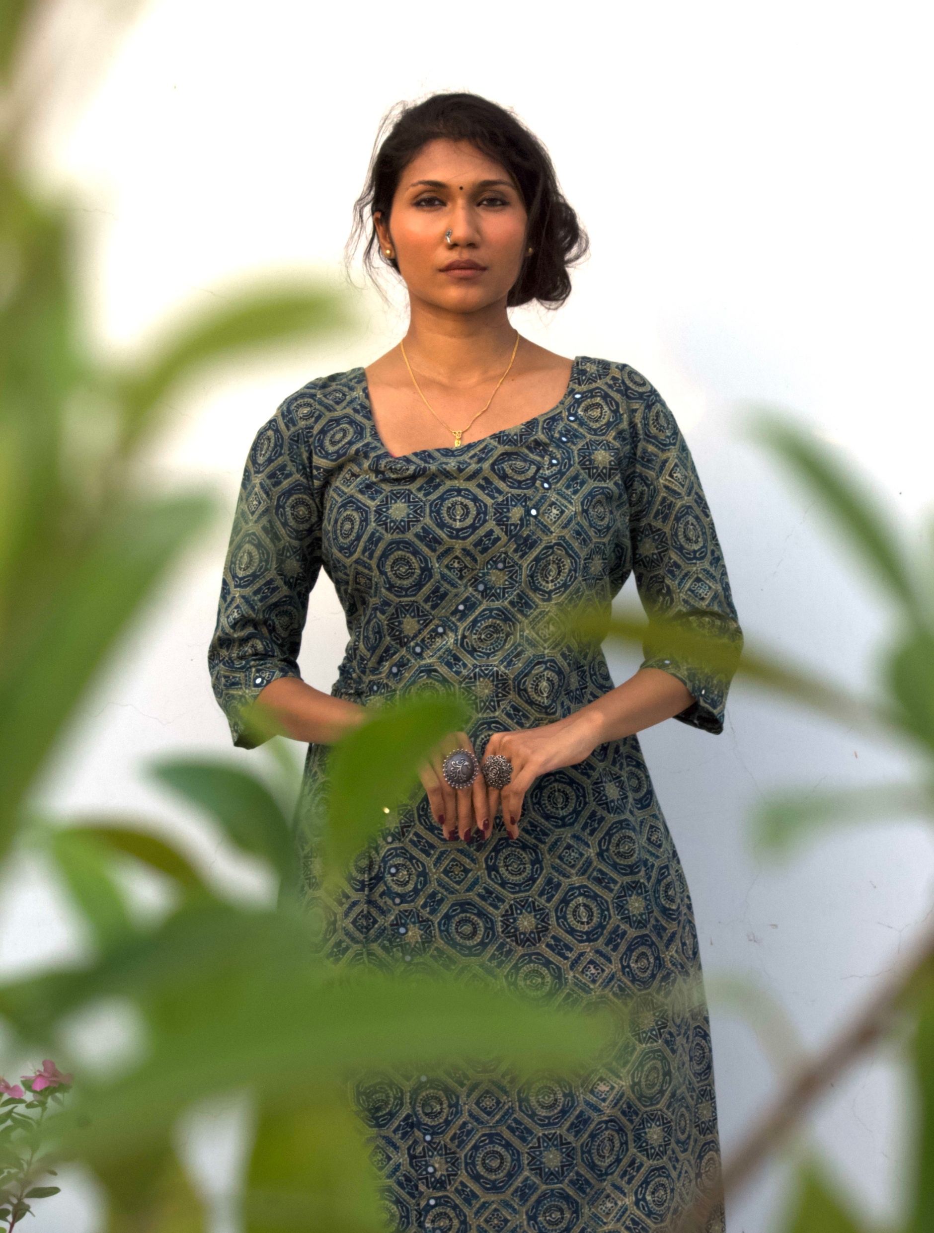 Ajrakh Angarkha Kurtis with Mirror Work