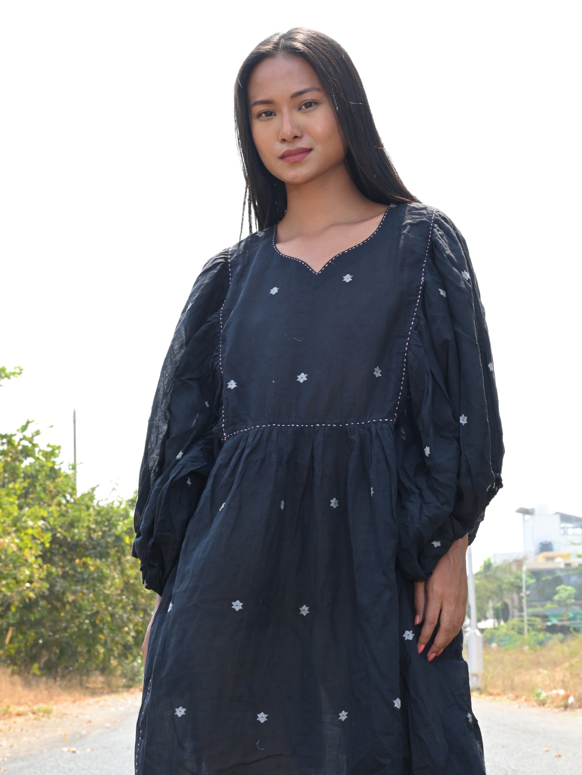 Black balloon sleeve dress