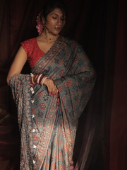 Blue Modal Silk Saree With  Dapka Work And Moti Work
