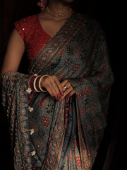 Blue Modal Silk Saree With  Dapka Work And Moti Work