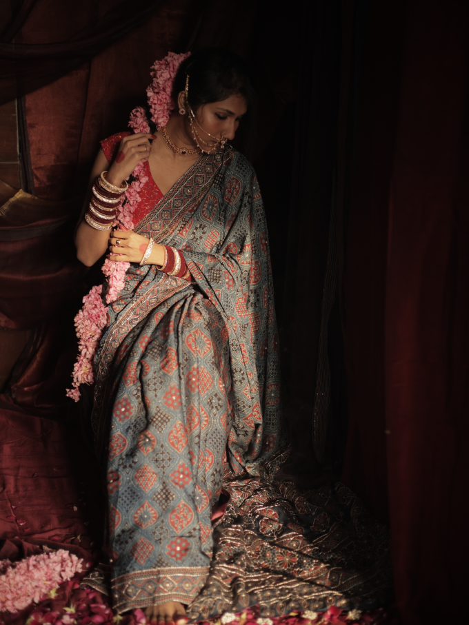 Blue Modal Silk Saree With  Dapka Work And Moti Work