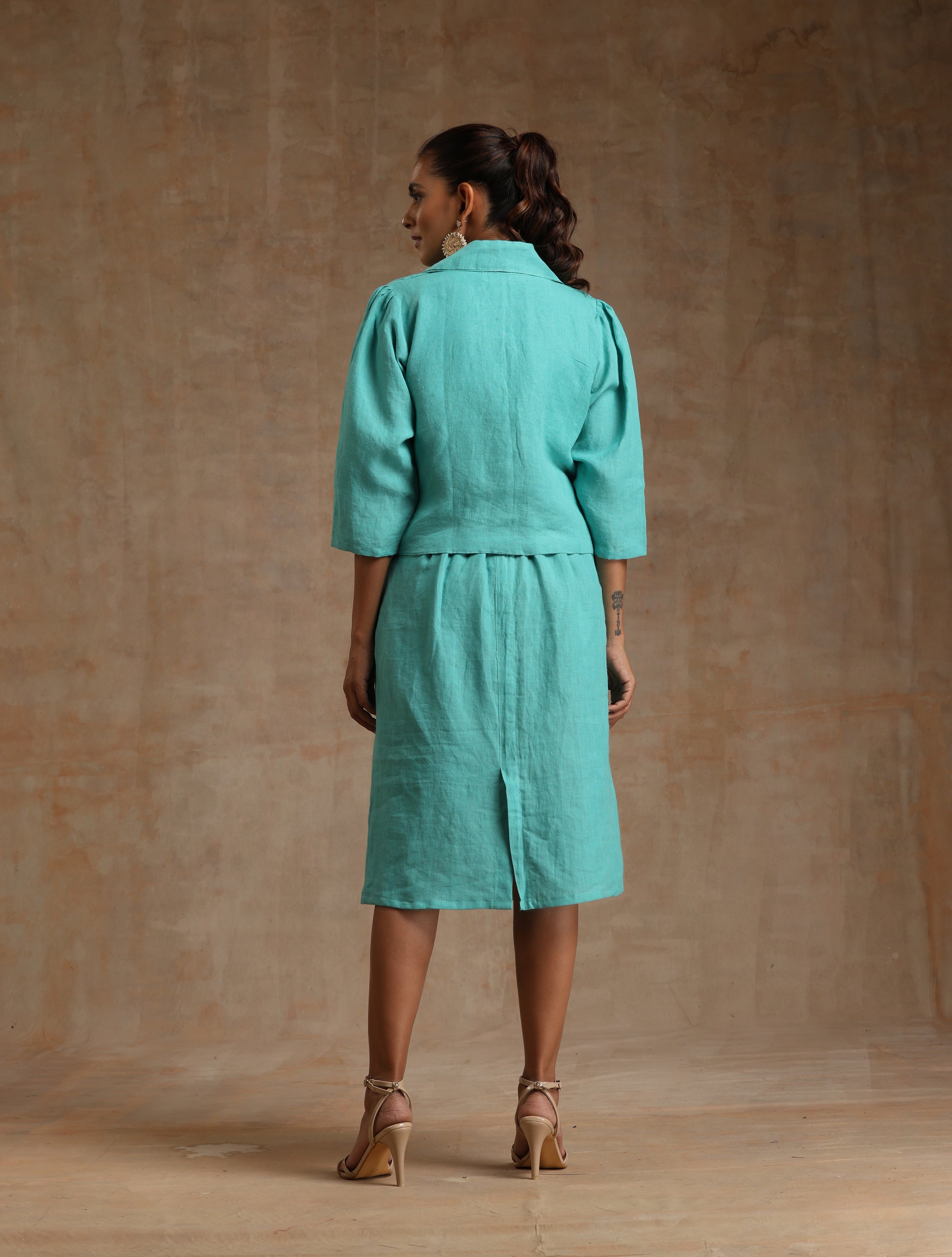 Turquoise blue linen blazer with skirt Co-Ord