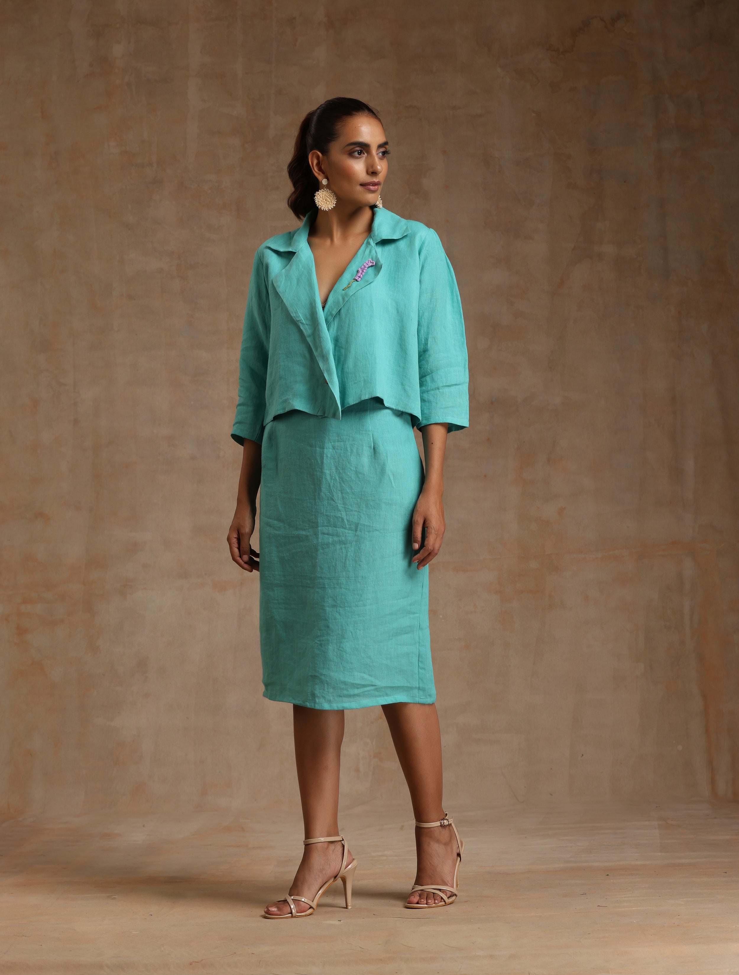 Turquoise blue linen blazer with skirt Co-Ord