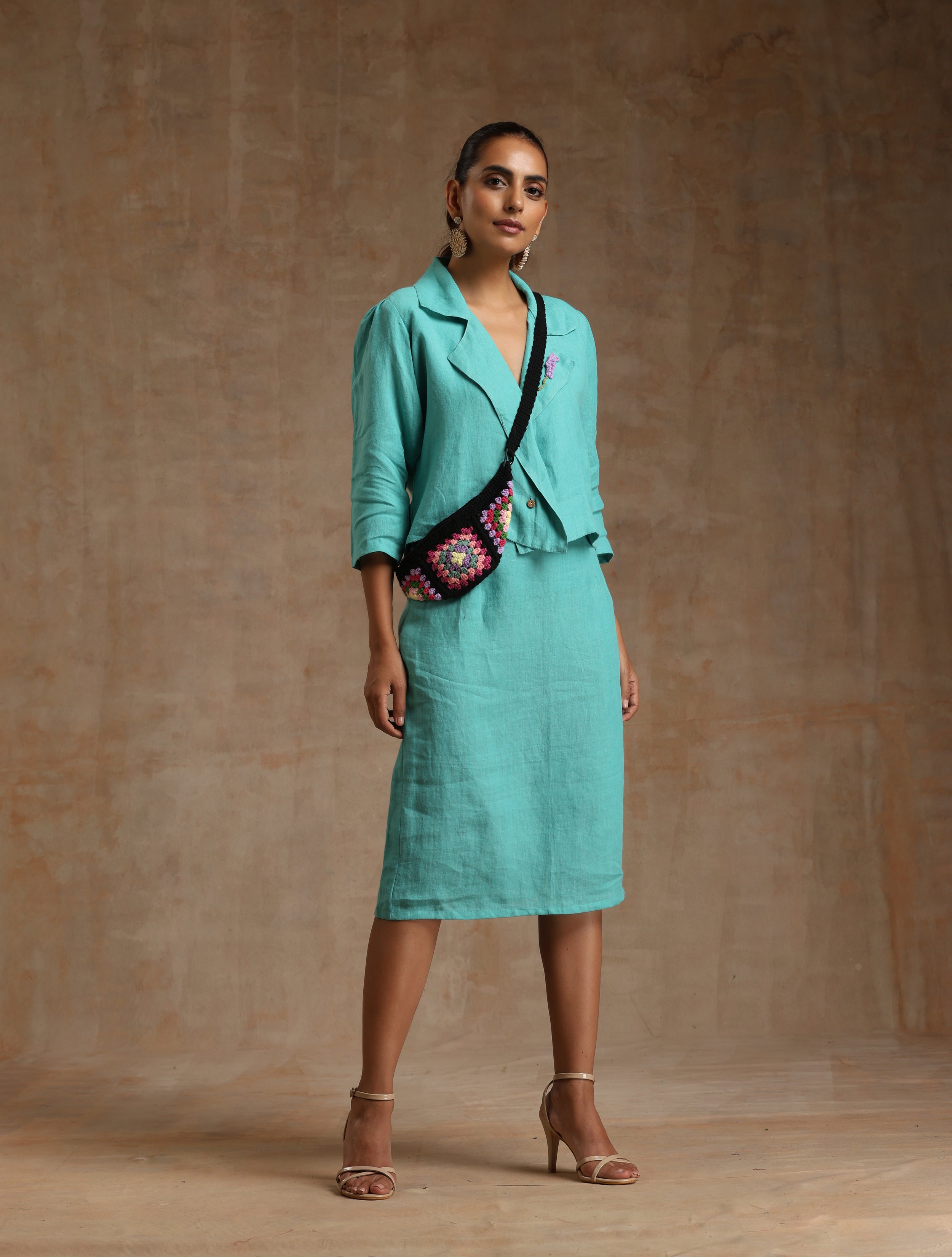 Turquoise blue linen blazer with skirt Co-Ord