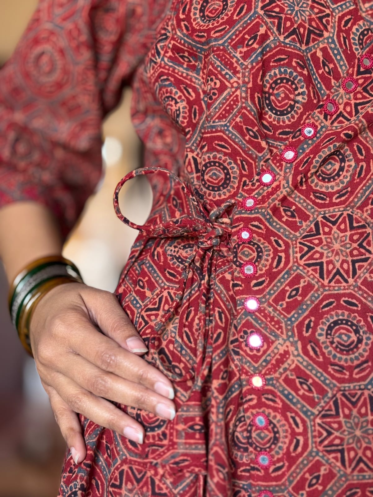 Ajrakh Angarkha Kurtis with Mirror Work