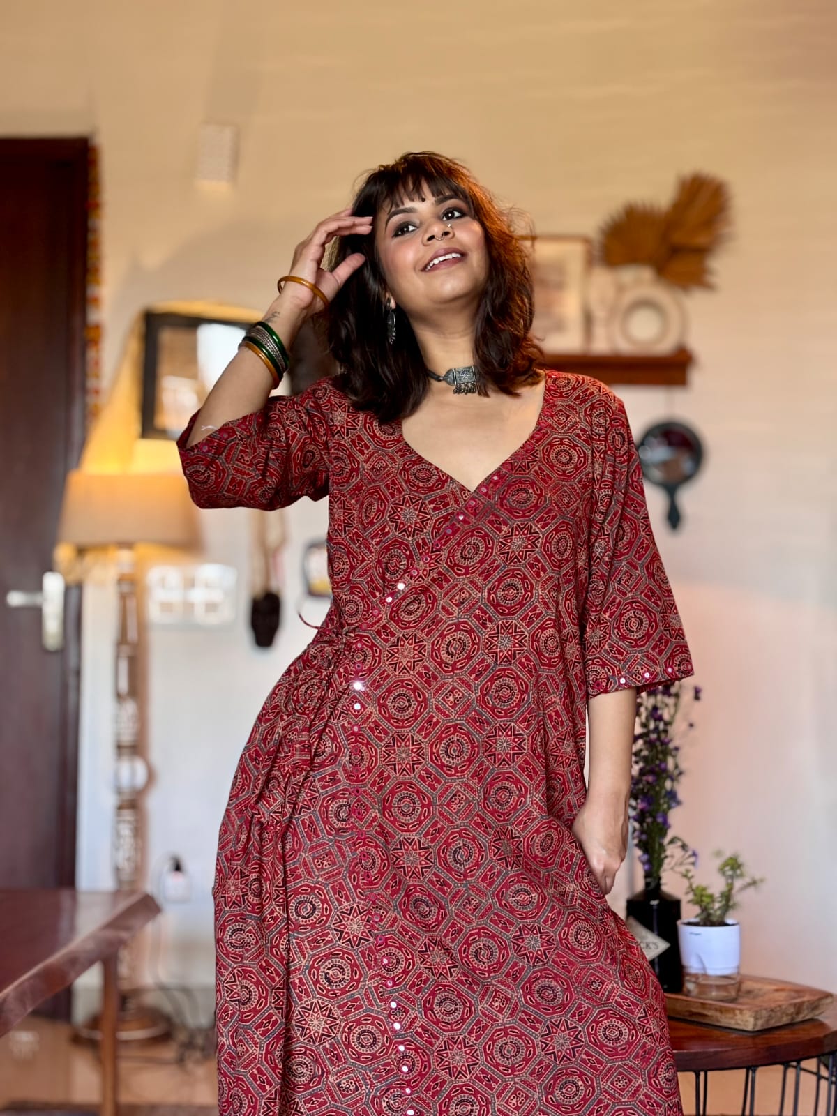 Ajrakh Angarkha Kurtis with Mirror Work