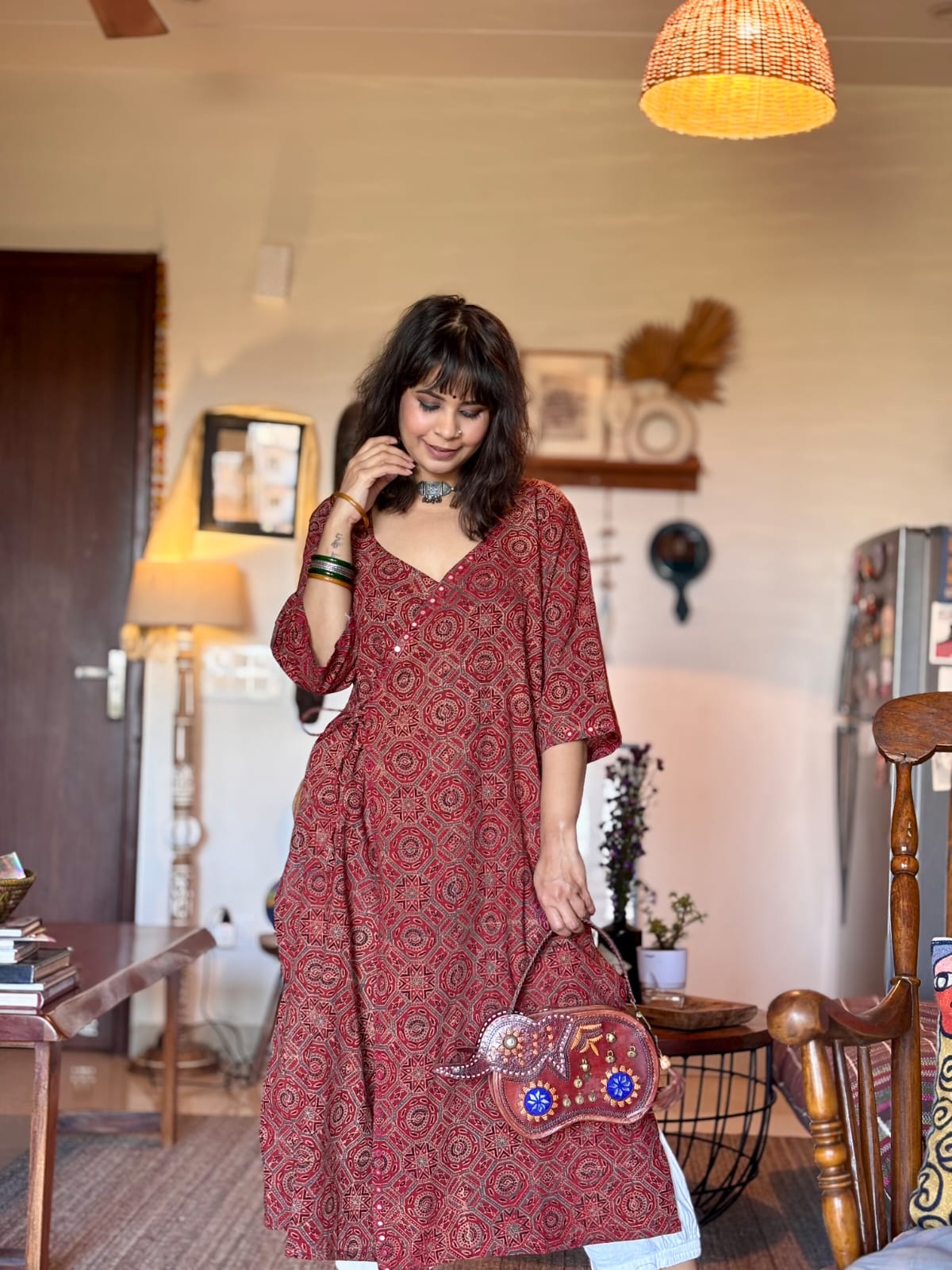 Ajrakh Angarkha Kurtis with Mirror Work
