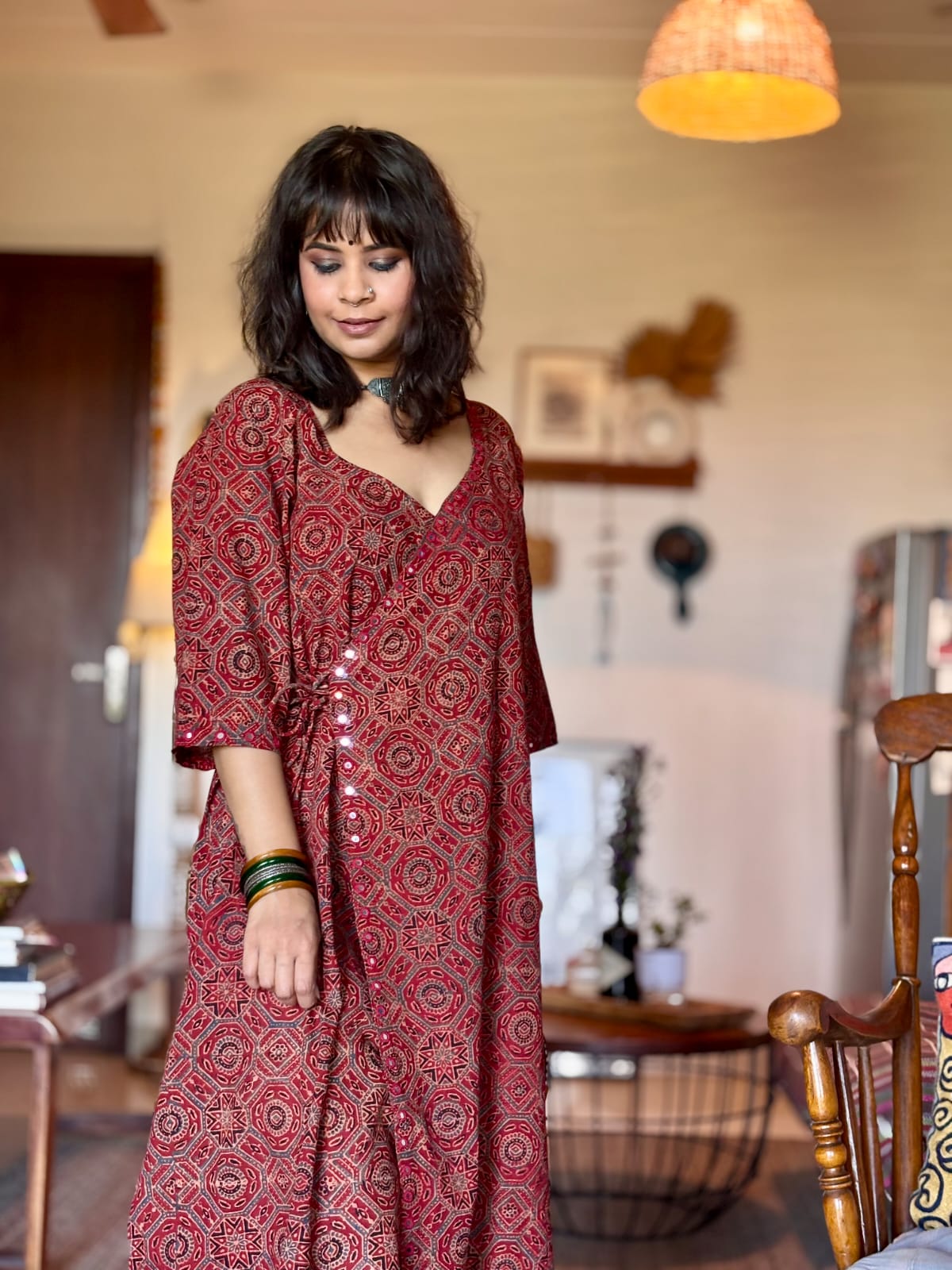 Ajrakh Angarkha Kurtis with Mirror Work
