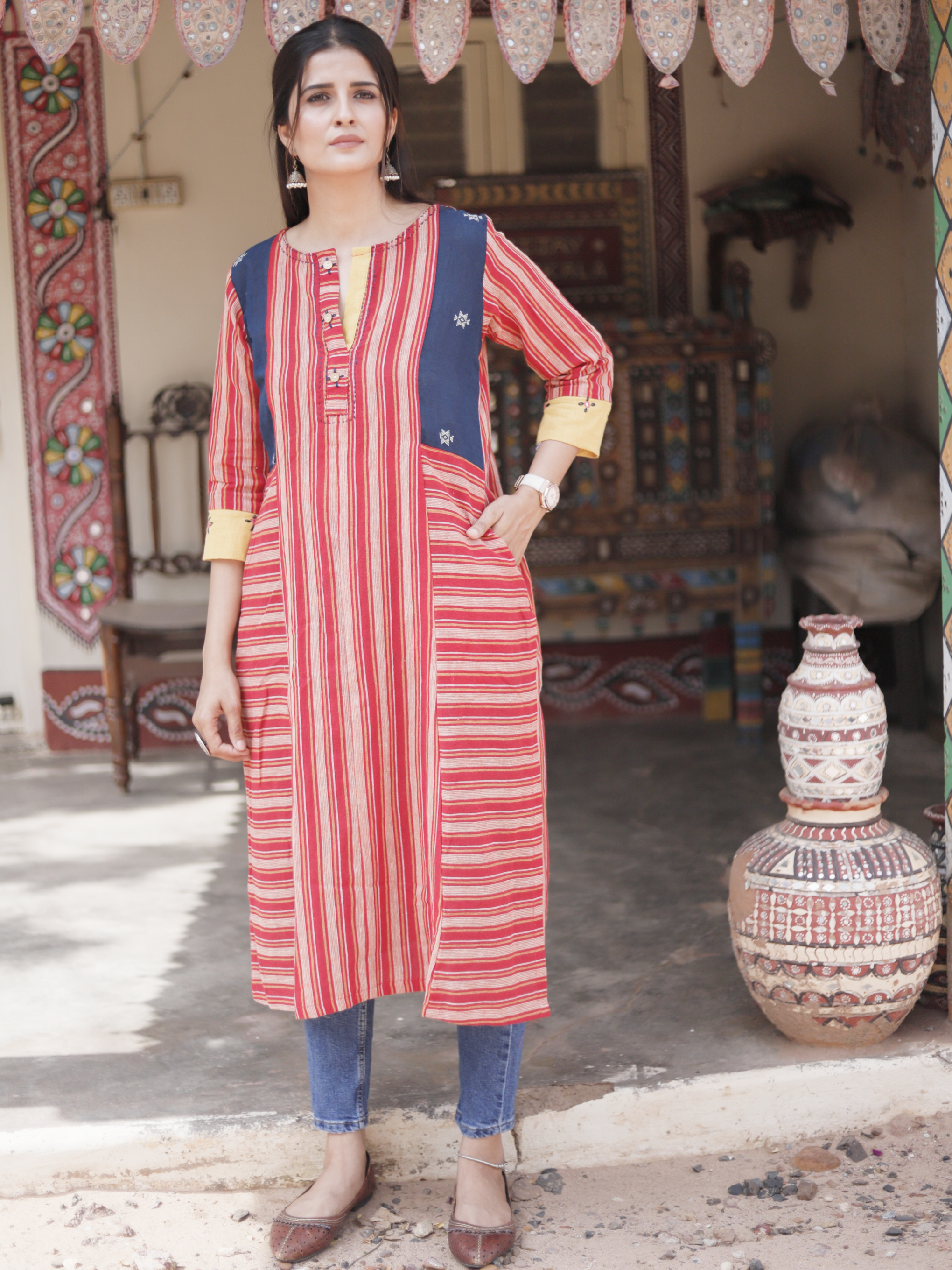 Red Strips Kala Cotton Designer Kurti