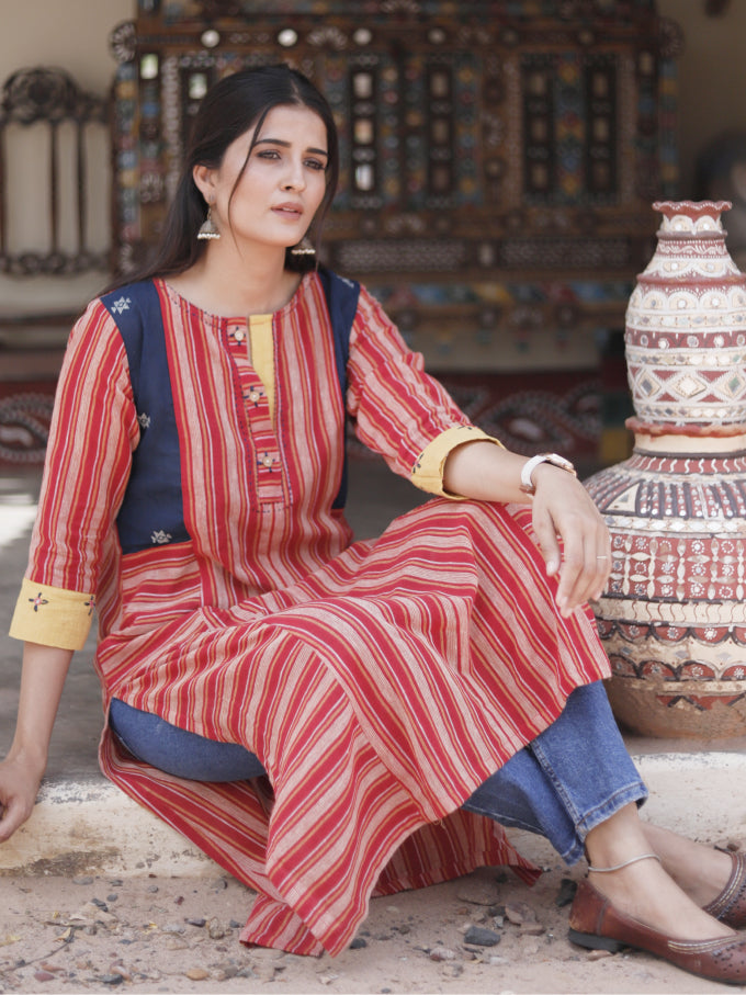 Red Strips Kala Cotton Designer Kurti